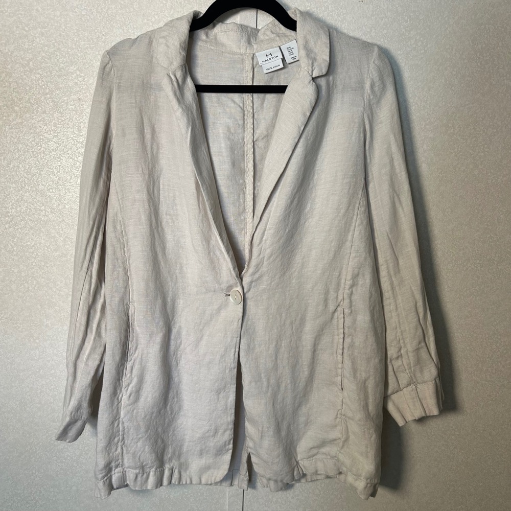 H HALSTON 100% Linen Boyfriend Blazer Size M Neutral Roll-Up Sleeve Pockets